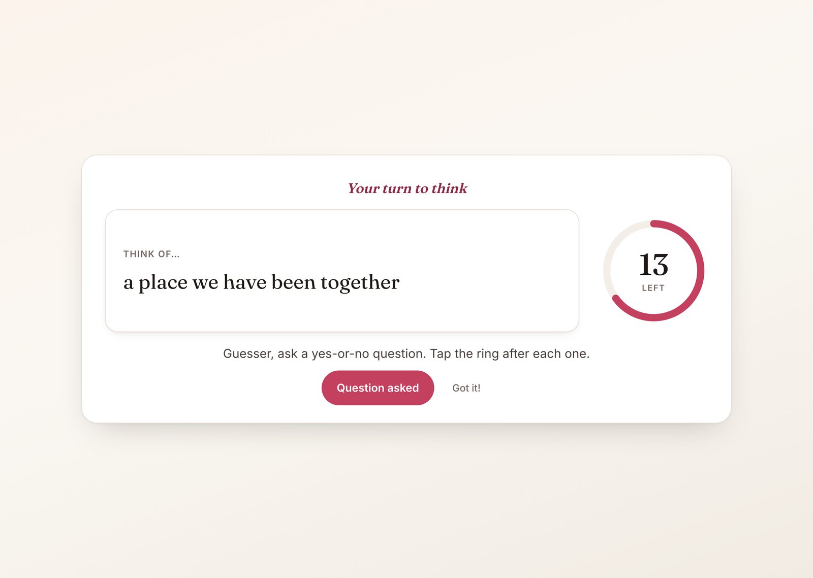 20 questions game for couples with the topic a place we have been together on the card and the question ring counting down with 13 questions left