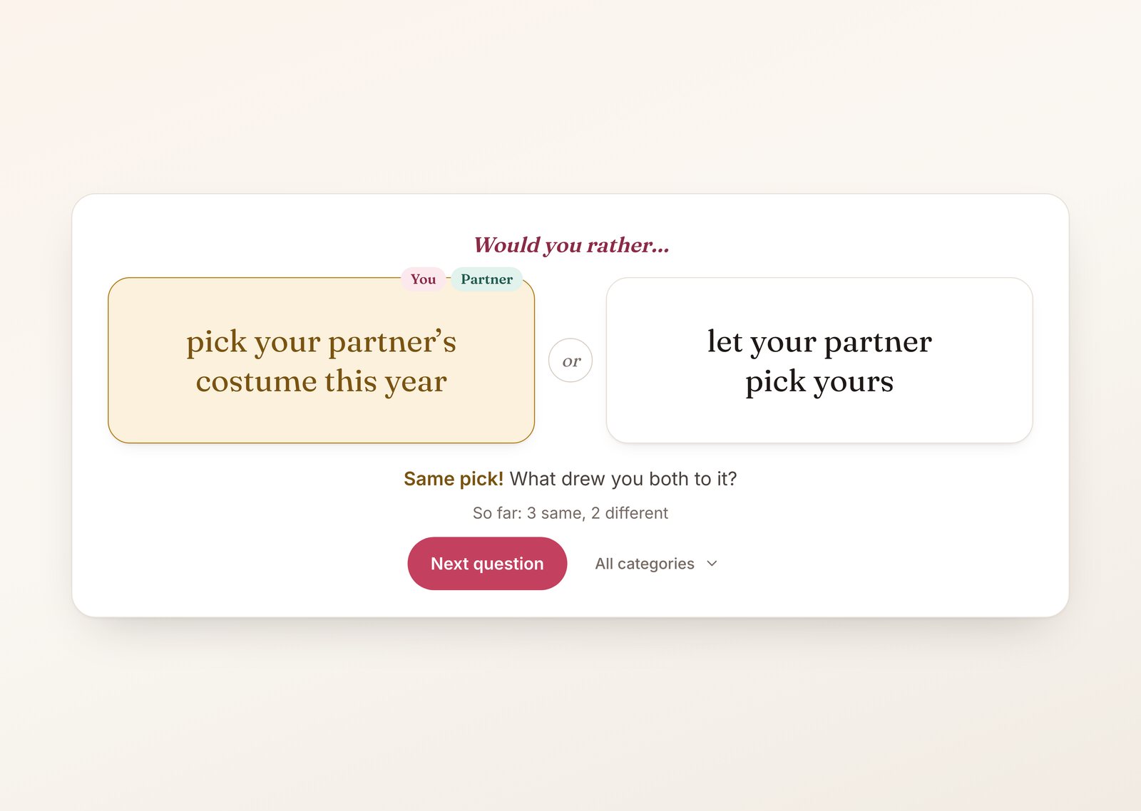 Halloween would you rather for couples after both partners tapped the same answer, with both picks revealed together