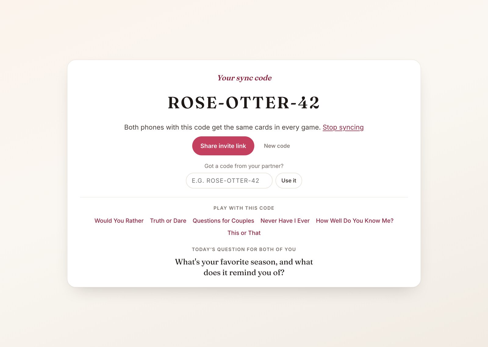 Long distance relationship games page with a sync code, the share invite link button, links to each game with the code and today’s shared question