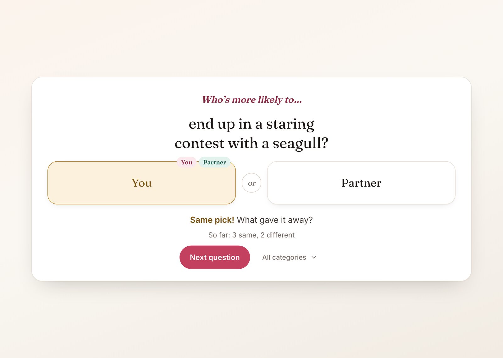 Most likely to questions for couples game after both partners tapped, with both picks on the same person revealed together and the count of same and different picks