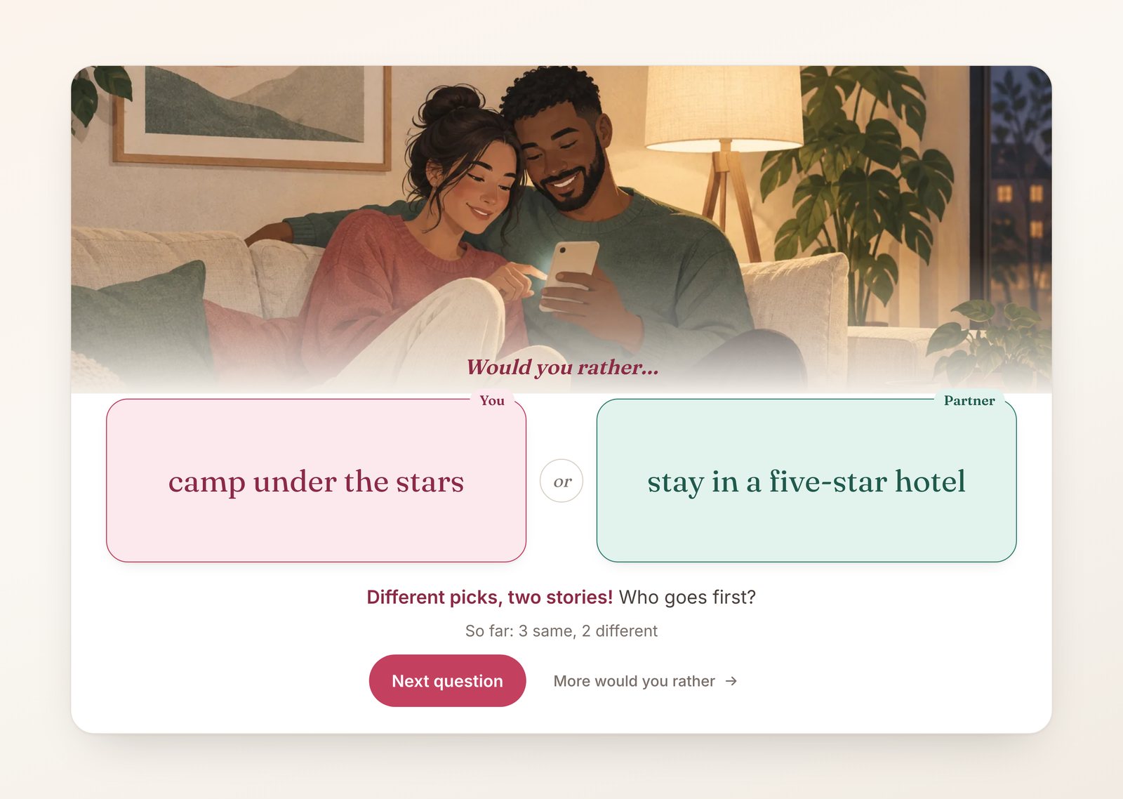 Online games for couples homepage choice question after both partners tapped, showing two different picks revealed together and a running count of same and different answers