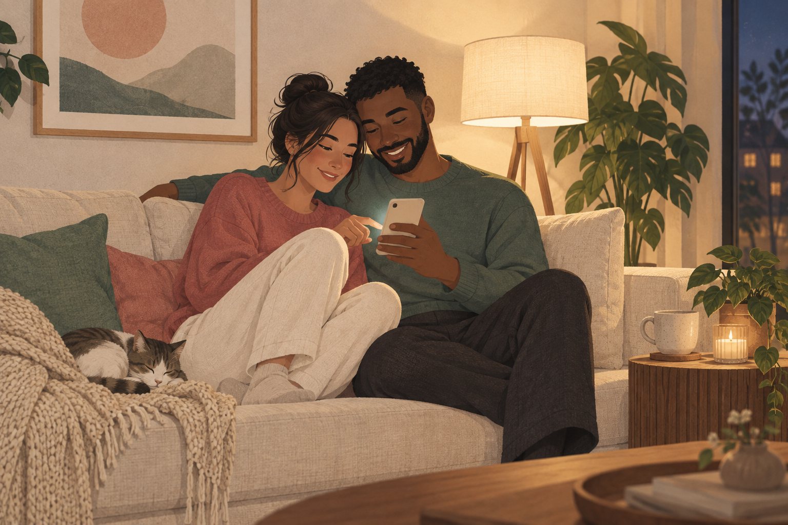 Couple sharing one phone on a sofa in warm evening light, playing an online game for couples