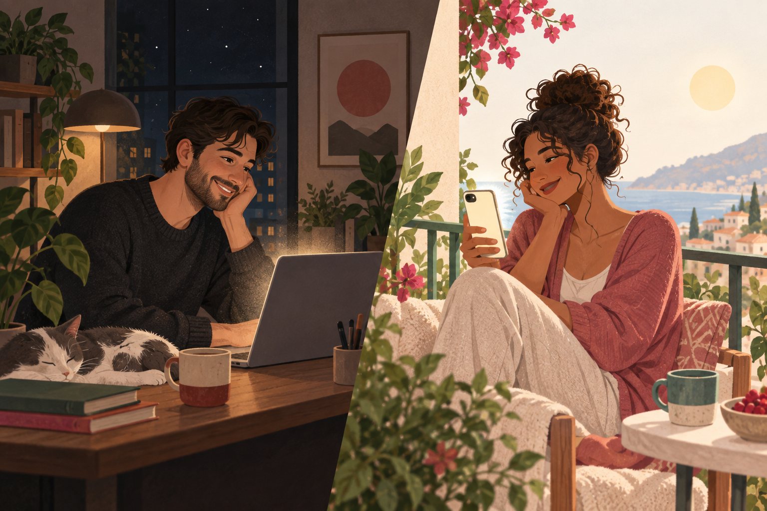 Long distance couple on a video call, one on a laptop at night and one on a phone in daylight, both looking at the same question card