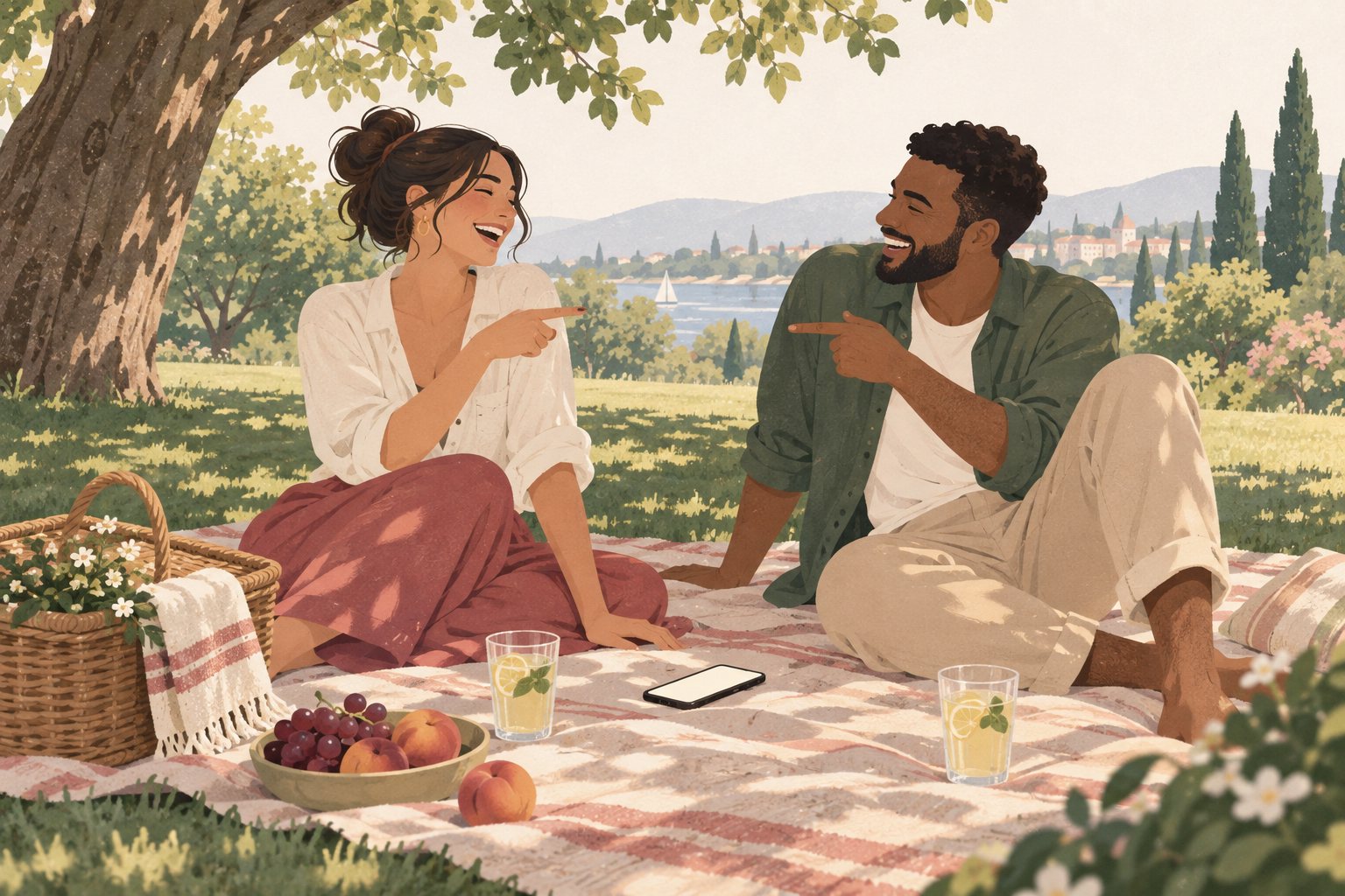 A couple on a picnic blanket in a park, both pointing at each other and laughing, with a phone between them