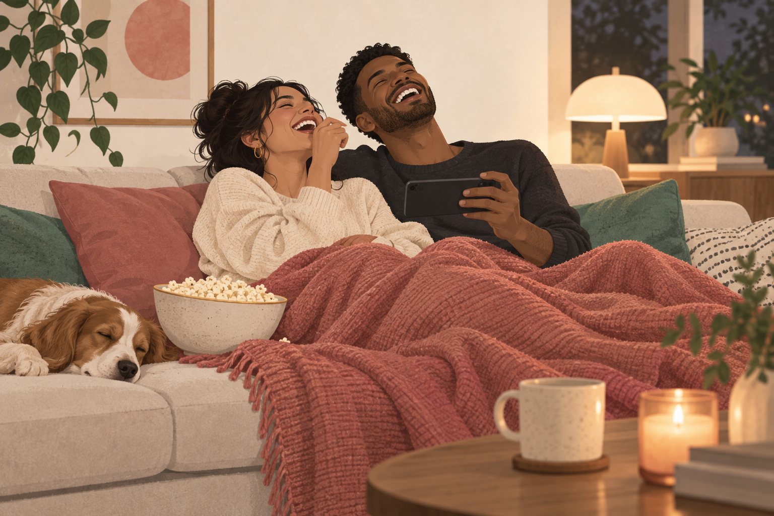 Two people on a sofa holding one phone between them, laughing at a never have I ever statement