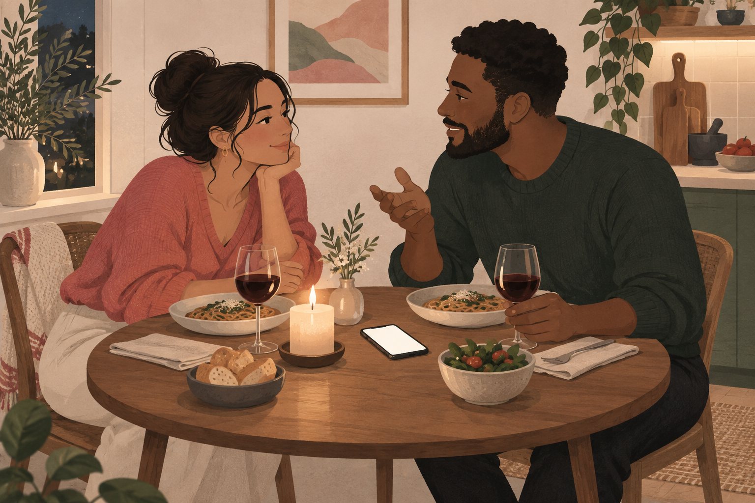 Two people at a small kitchen table over dinner, one phone face up between them showing a question card