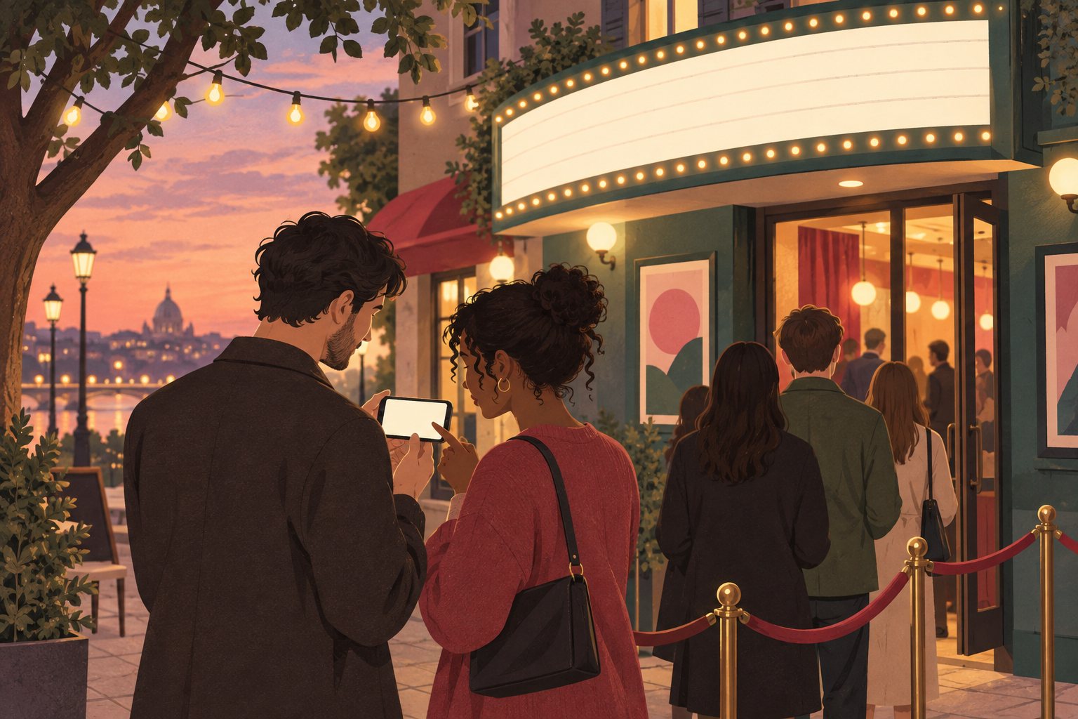 Two people waiting in line outside a cinema at dusk, holding one phone sideways between them for a this or that round