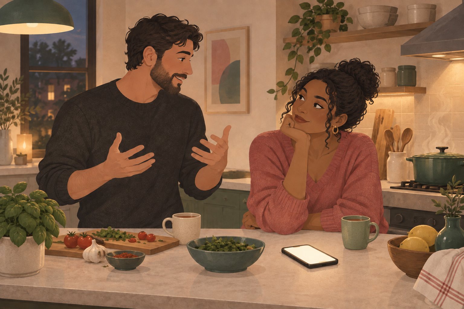 A couple at a kitchen counter in the evening: one tells a story with animated hands while the other listens with an amused, doubtful look