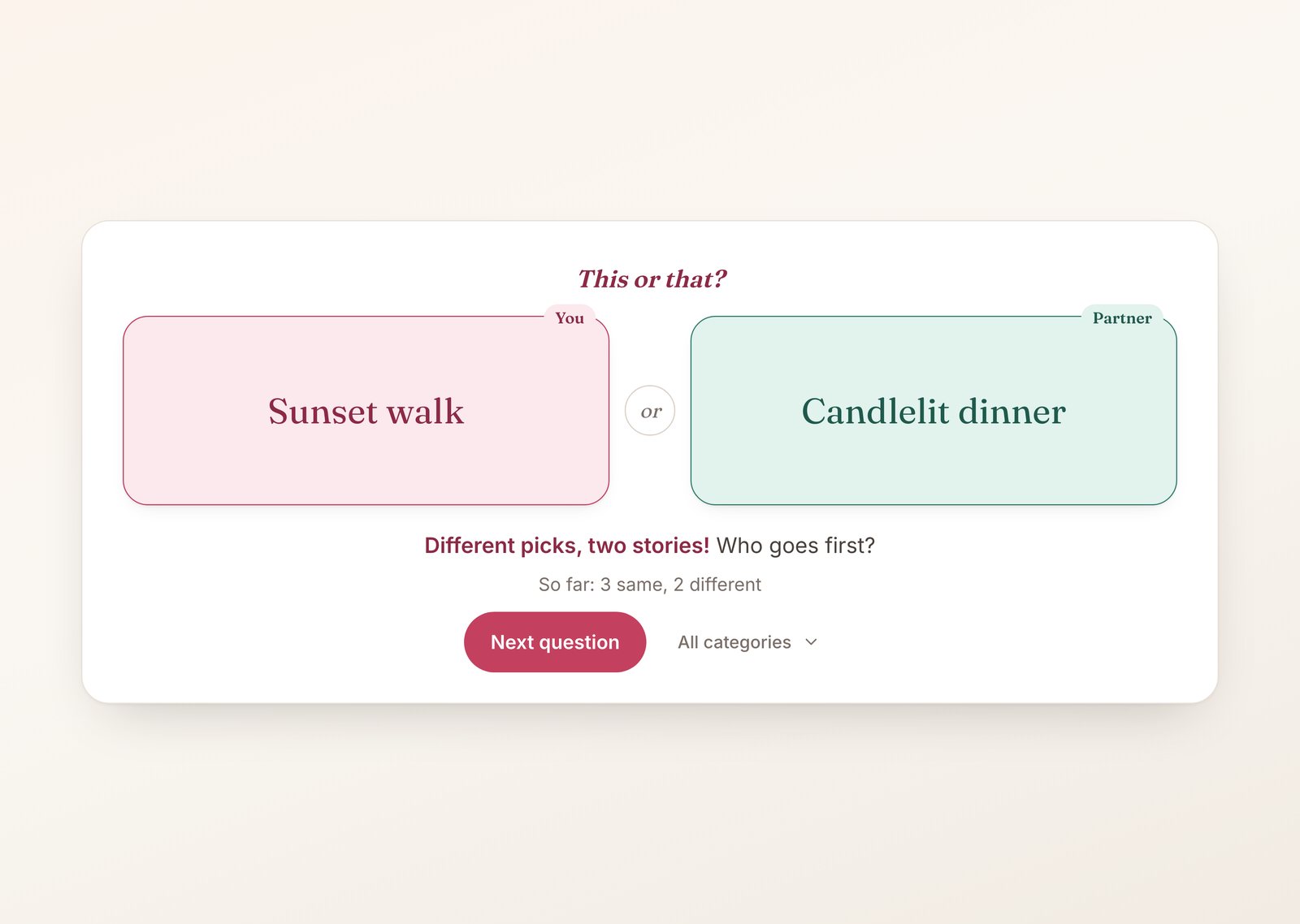 This or that for couples game after both partners tapped, showing two different picks revealed together and the count of same and different answers