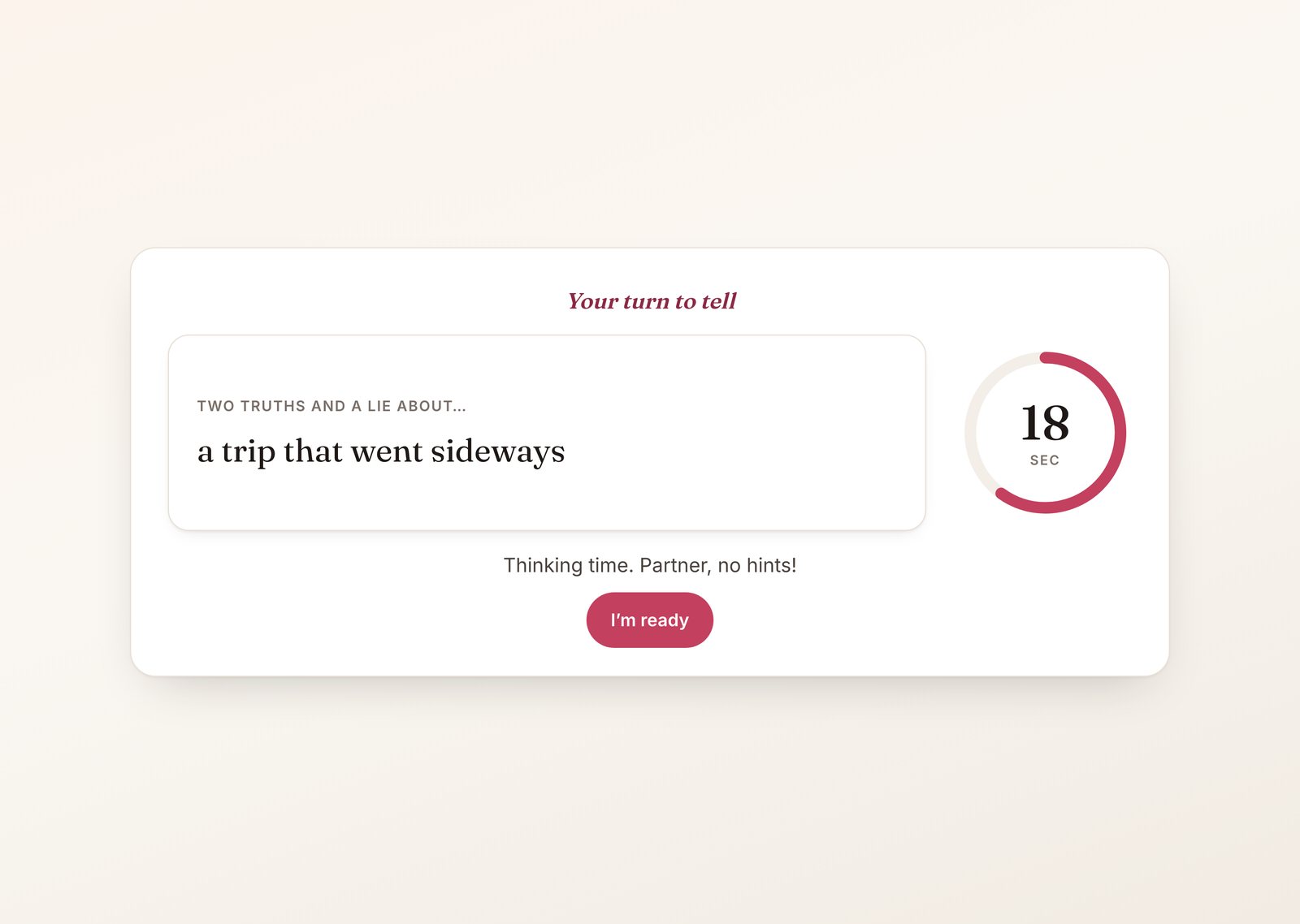 Two truths and a lie for couples game with a travel topic card and the 30-second thinking clock at 18 seconds
