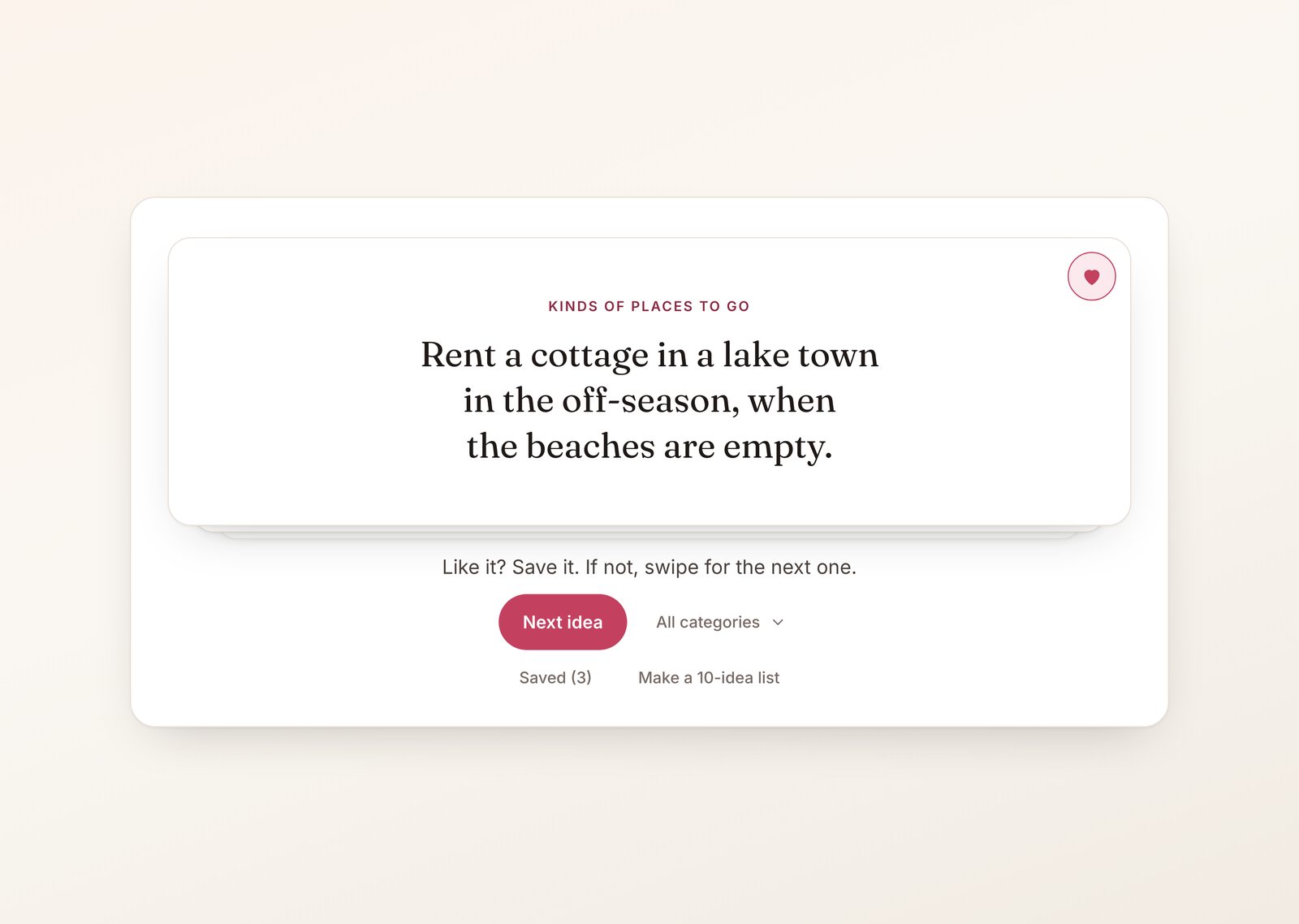 Weekend getaway ideas for couples card deck with an off-season lake town idea on the top card, the save heart filled and three saved ideas